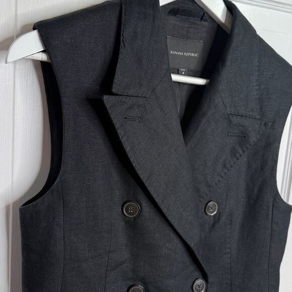 Banana Republic Palma Linen Long Vest Black V Neck Double Breasted W1948 Sz 4P - Picture 3 of 8